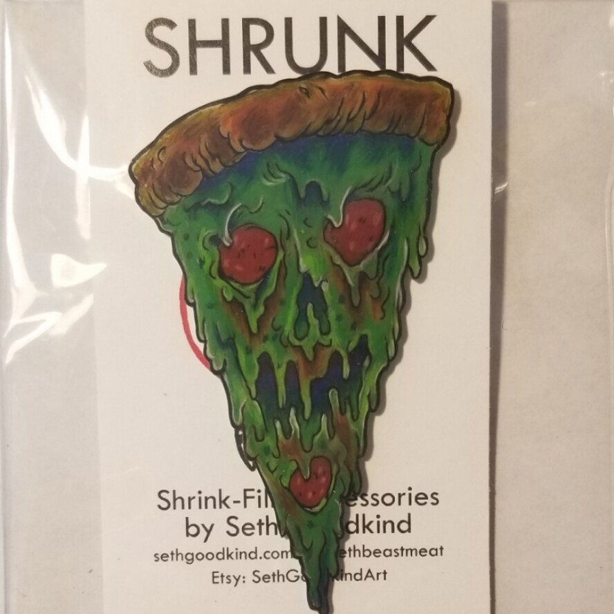 Green Pizza Demon Shrinky Dink - Brooch by Seth Goodkind
