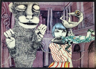Blue Haired Girl With Creatures - Postcard by Magda Boreysza