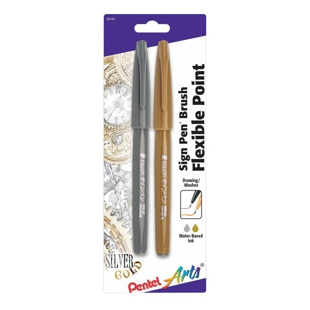 Pentel Sign Pen Brush 2 Pack (Gold/Silver)