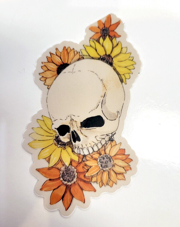 Skull with Orange Flowers - Sticker By Flora Oakenthorn