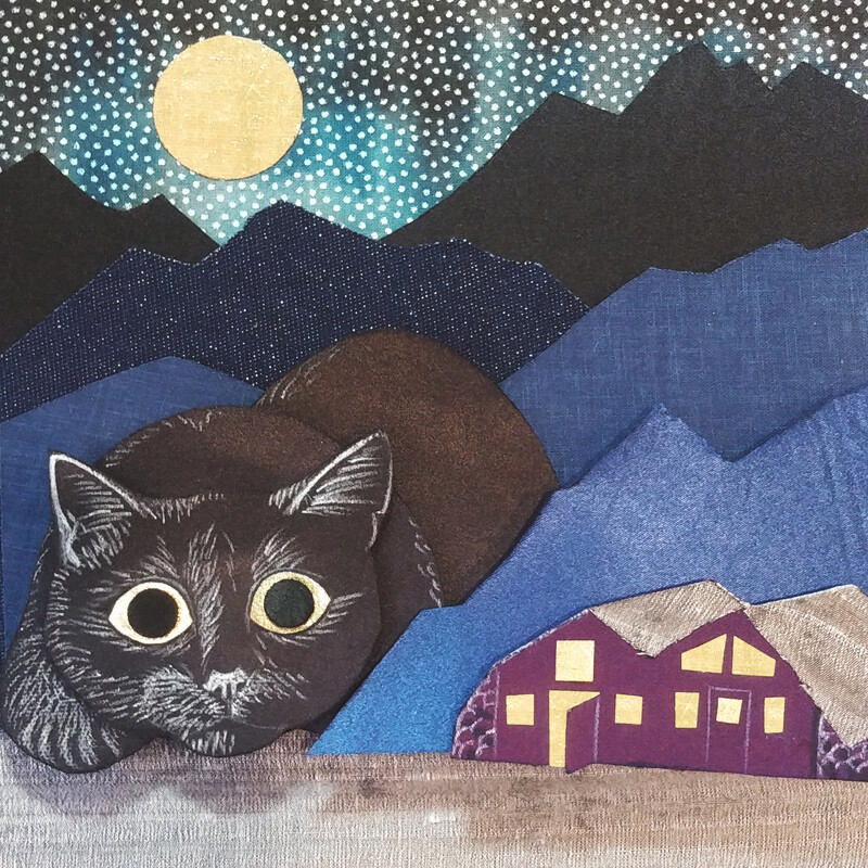 Yule Cat - Fabric Collage by Julia Y