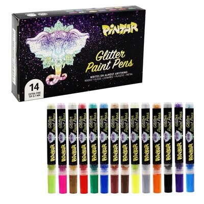 Pintar Glitter Paint Pens - Set of 14 Extra Fine Tip (0.7mm)