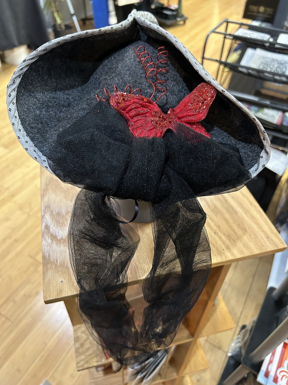 Gray Hand-Felted Hat with Butterfly and Veil - by Judith Marie Smith