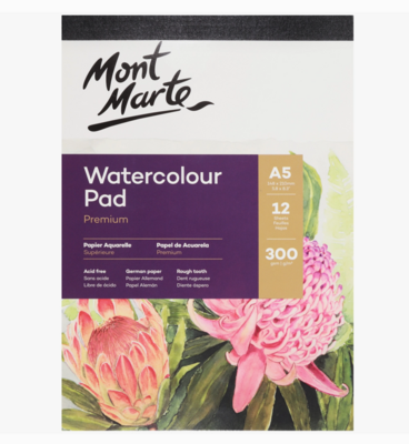 Mont Marte Watercolor Pad German Paper Premium, 300gsm, A5 Portrait, 12 Sheets