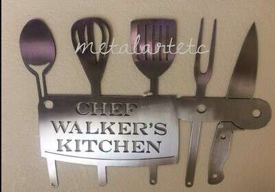 18" Kitchen Tools/Utensils Knife Cleaver Spatula Plaque (life sized) with Your Text - Handmade in the USA
