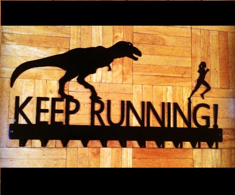 20" KEEP RUNNING female runner plaque key/award/coat holder (black w/10 hooks) T-Rex - Handmade in the USA