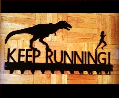 20" KEEP RUNNING female runner plaque key/award/coat holder (black w/10 hooks) T-Rex - Handmade in the USA