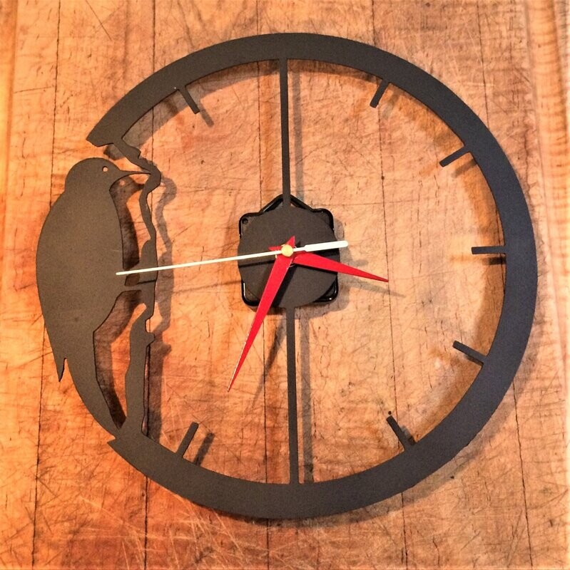 10" Woodpecker CLOCK Real Steel! Unique Wall Decor Metal Art - Handmade in the USA