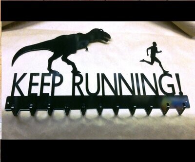 20" KEEP RUNNING male runner plaque key/award/coat holder (black w/10 hooks) T-Rex- Handmade in the USA
