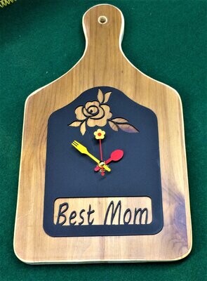 8" x 14" Cutting Board Clock YOUR TEXT! Or "Best Mom" Metal Art (metal cutout on real wood board) -Handmade in the USA