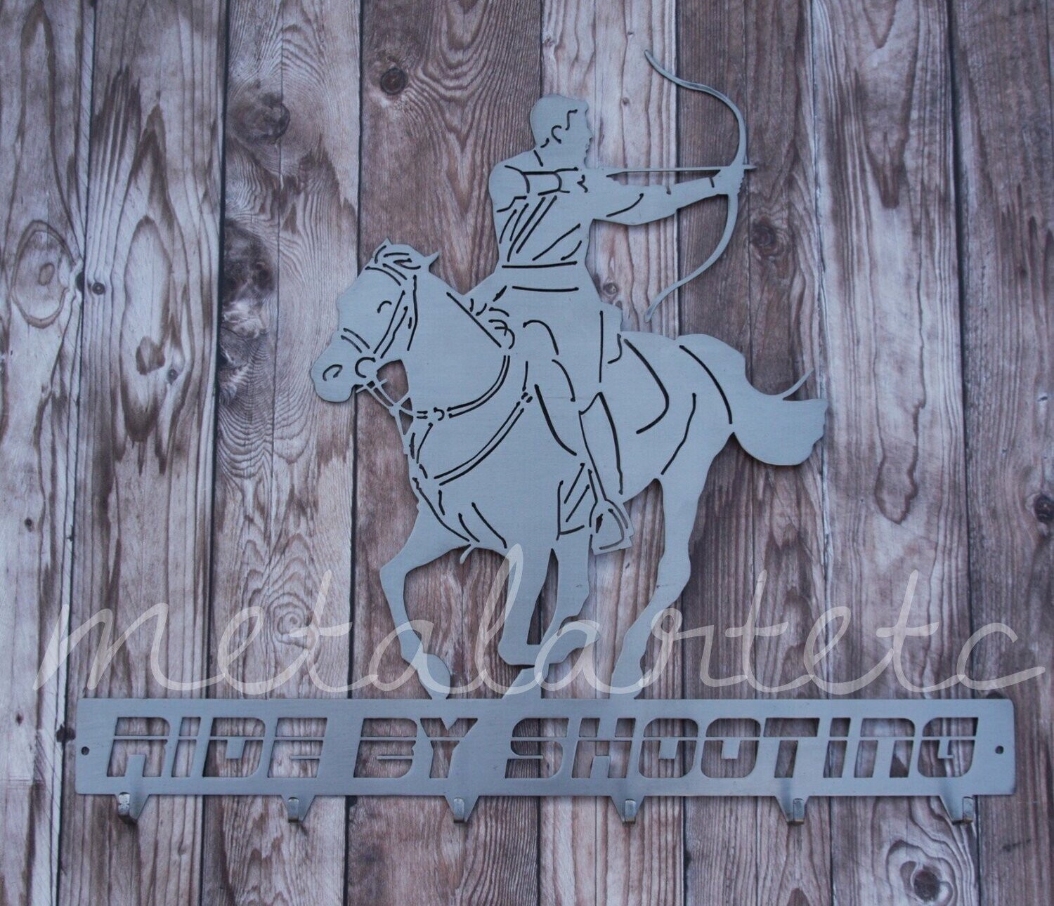 20" Horse Archer Metal Plaque keys/gear/coat holder RIDE by SHOOTING (w/6 hooks)  or with Your Text- Handmade in the USA