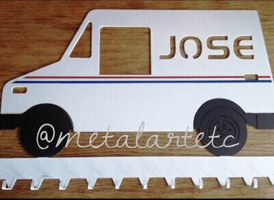 17" USPS LLV Mailtruck w/Your Text Metal plaque key/award/coat holder (w/10 hooks) - Handmade in the USA