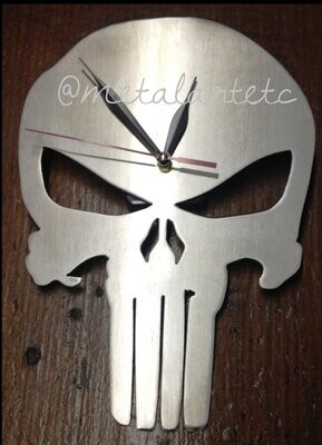 11"x8" Punisher Skull Metal Wall Clock Man Cave Art - Handmade in the USA