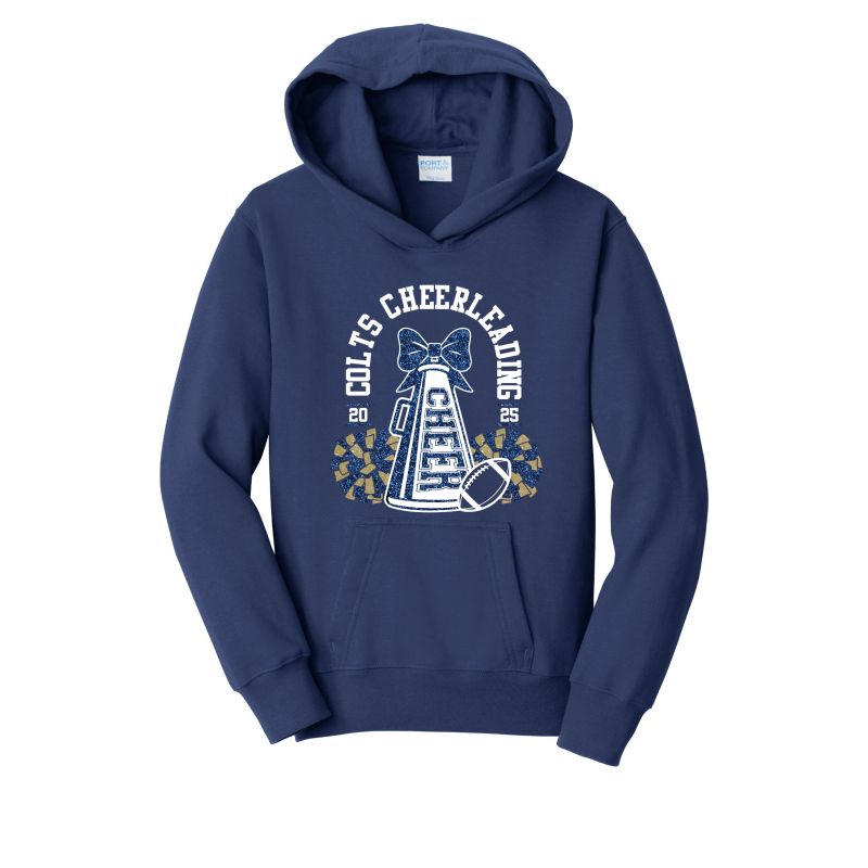 Adult Fleece Pullover Hooded Sweatshirt, Color: New Navy, Design Option: Logo #1 - Colts Cheerleading Megaphone w/ Bow - Glitter