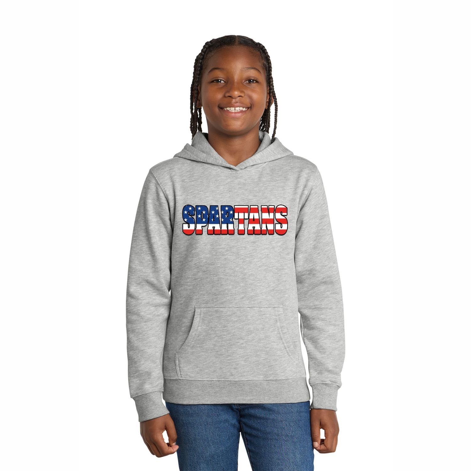 SPARTANS Patriotic YOUTH Fleece Hoodie, Color: Light Heather Grey, Design Option: SPARTANS Text Design