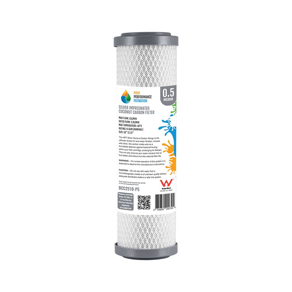 0.5 Micron Silver Impregnated (Bacteriostatic) Carbon Block Water Filter | 10" x 2.5"