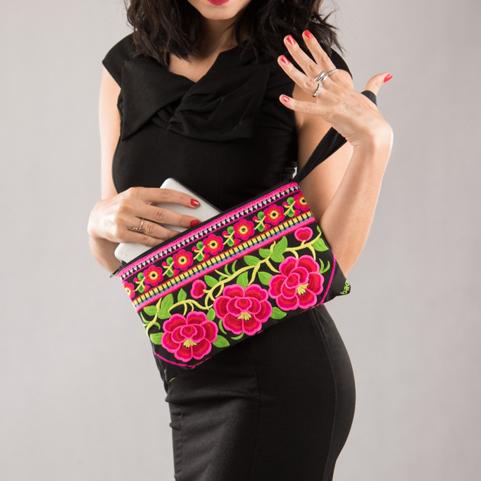 Beautiful Embroidery Flower Pattern Wristlet Bag-Makeup Bag
