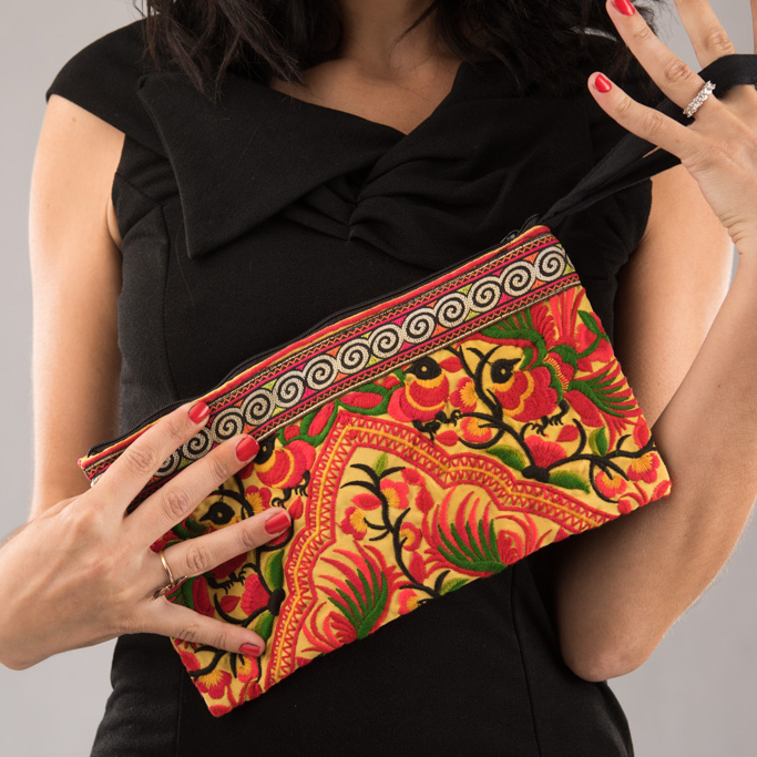 Funky Wristlet Clutch Bag- Embroidered Peacock Pattern – Makeup Bag