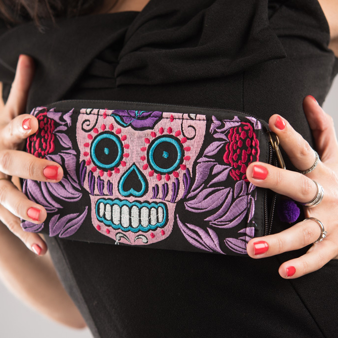 Beautiful Funky Embroidery Purse - Skull Pattern - Lavender and Orchid Purple Colour