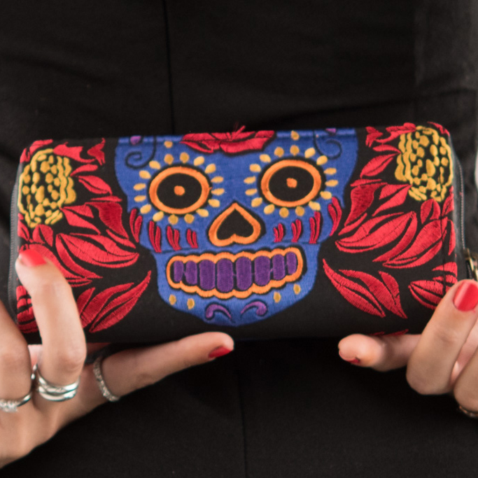 Beautiful Funky Embroidery Purse - Skull Pattern - Navy Blue and Red Colour