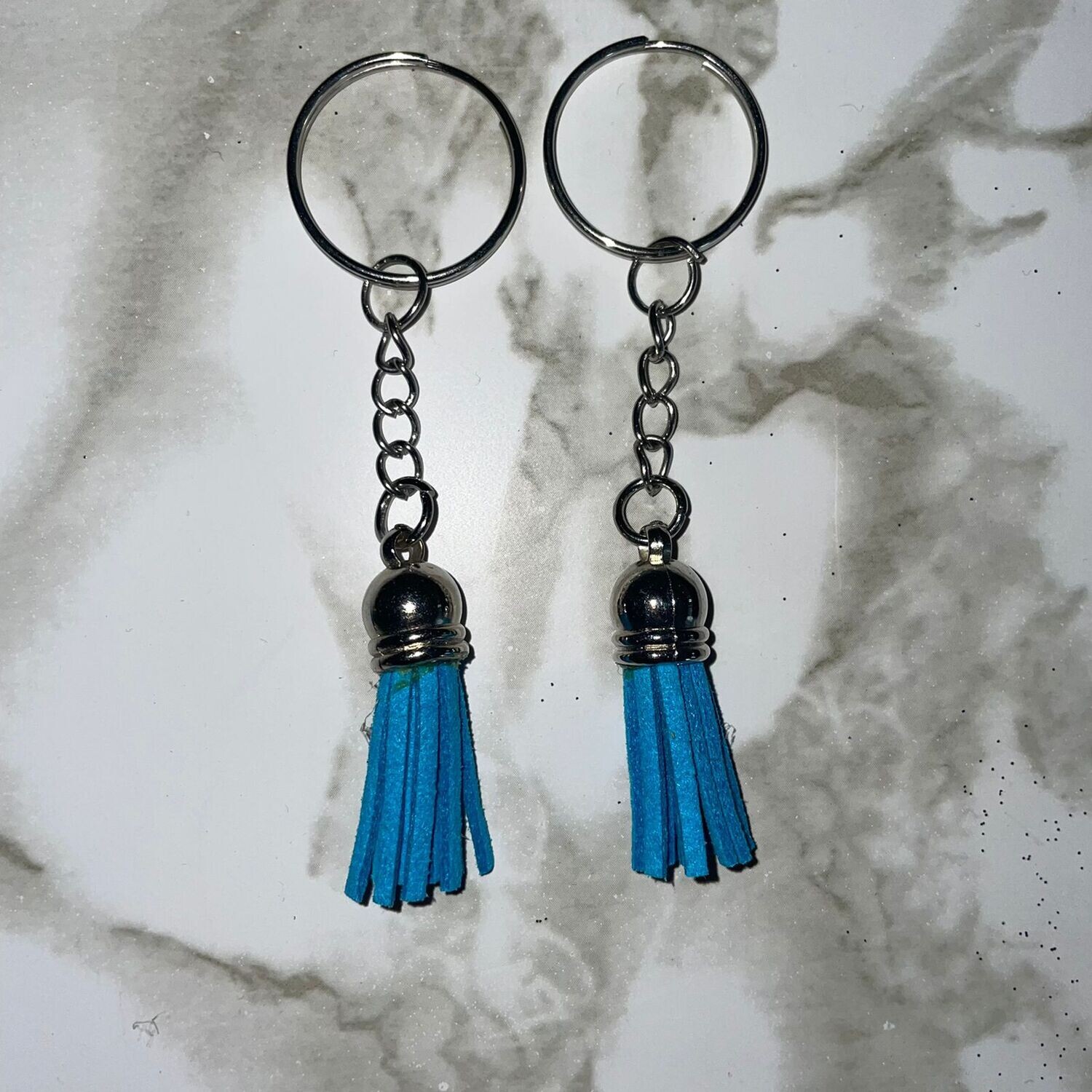 Silver Key Chain &amp; Tassel - Cyan (Short Tassel)