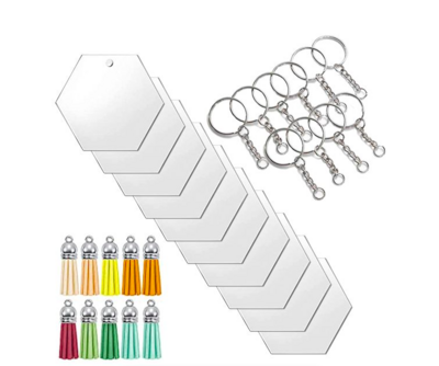 Clear Hexagon Acrylic w/ Silver Keychain Set - Pack of 10