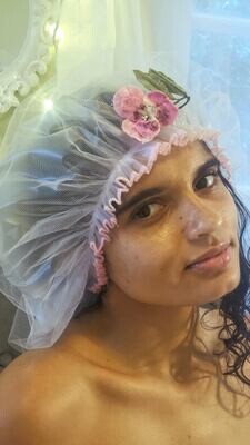Pink Bouffant Shower Cap with Vintage Pansy Flower