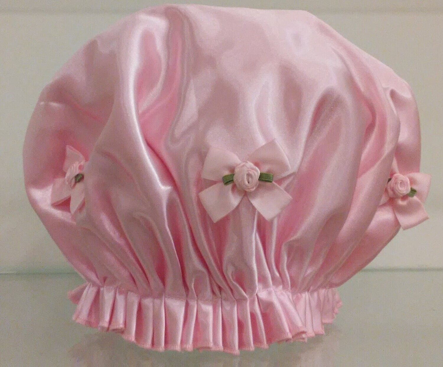 Pink Satin Shower Cap with Ribbon Roses and Bows