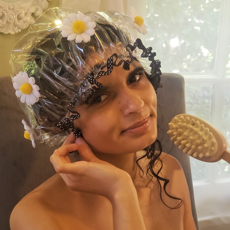 Clear Shower Cap with Daisies and Polka Dots Ribbon