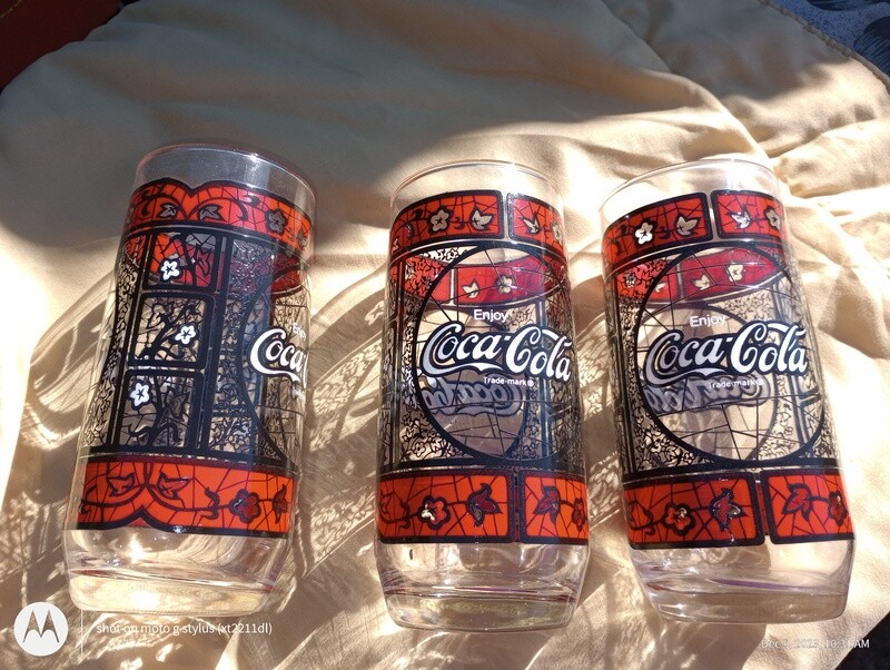 3 Vintage COCA-COLA TIFFANY STYLE STAINED GLASS DRINKING GLASSes
