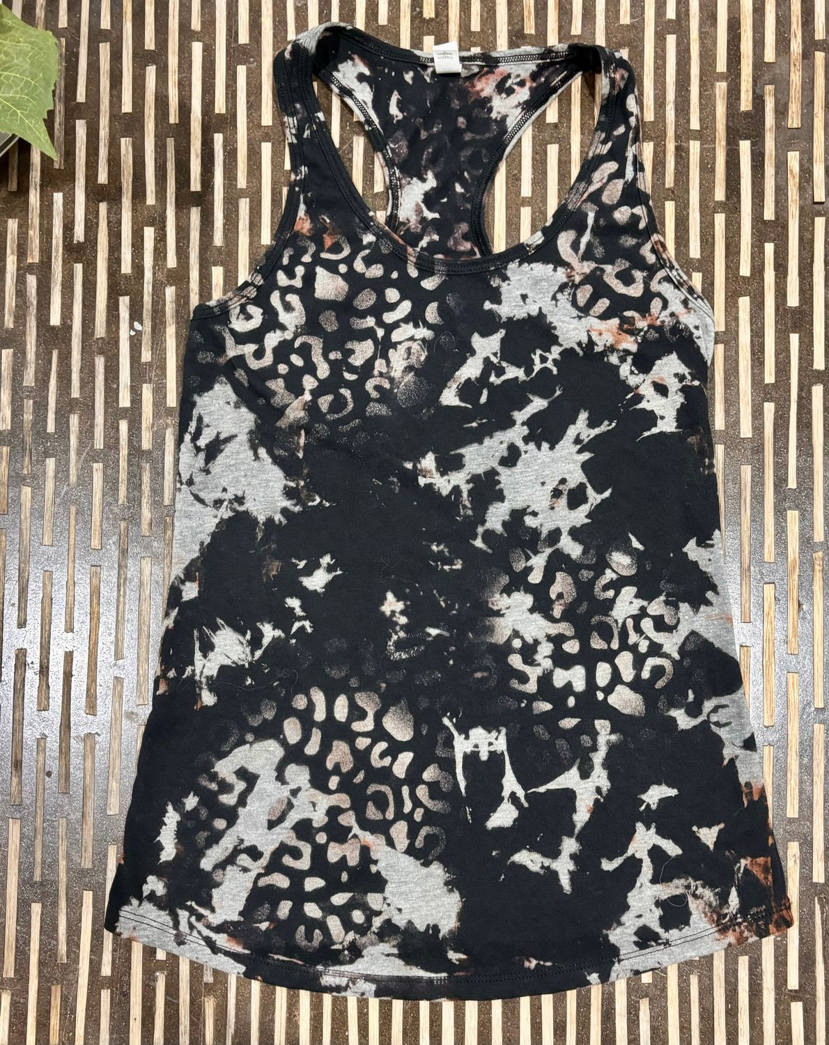 Black Leopard Acid wash, Distressed Reverse Tie Dye Racerback Tank Tops.  Leopard, Cheetah Acid Wash