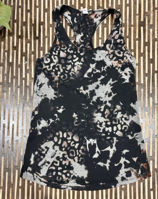 Black Leopard Acid wash, Distressed Reverse Tie Dye Racerback Tank Tops.  Leopard, Cheetah Acid Wash