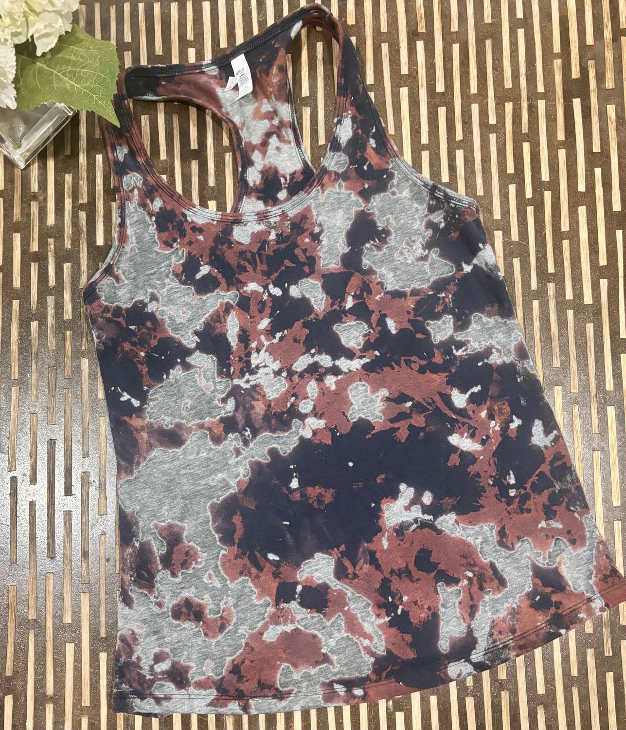 Midnight Navy Blue Acid wash, Distressed Reverse Tie Dye Racerback Tank Tops.  Leopard, Cheetah Acid Wash