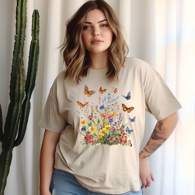 Comfort Colors® T-Shirt with Colorful Wildflower and Butterfly Design | Nature-Inspired Tee | Unisex Sizes S-4XL  Cottagecore T-shirt
