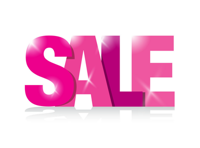 A sale sign in large, pink font