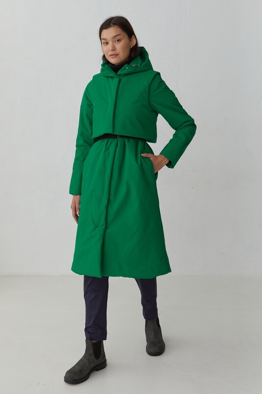 Утепленное пальто из мембраны ярко-зеленого цвета с жилетом