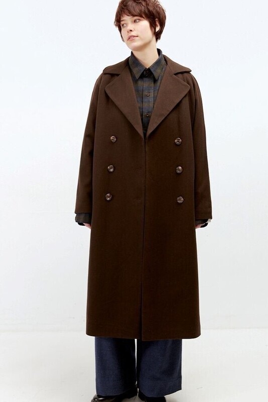 Длинное двубортное пальто шоколадного цвета из шерсти