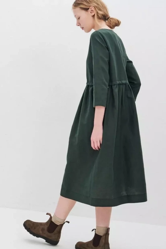 Зеленое платье с кулиской из хлопка со льном