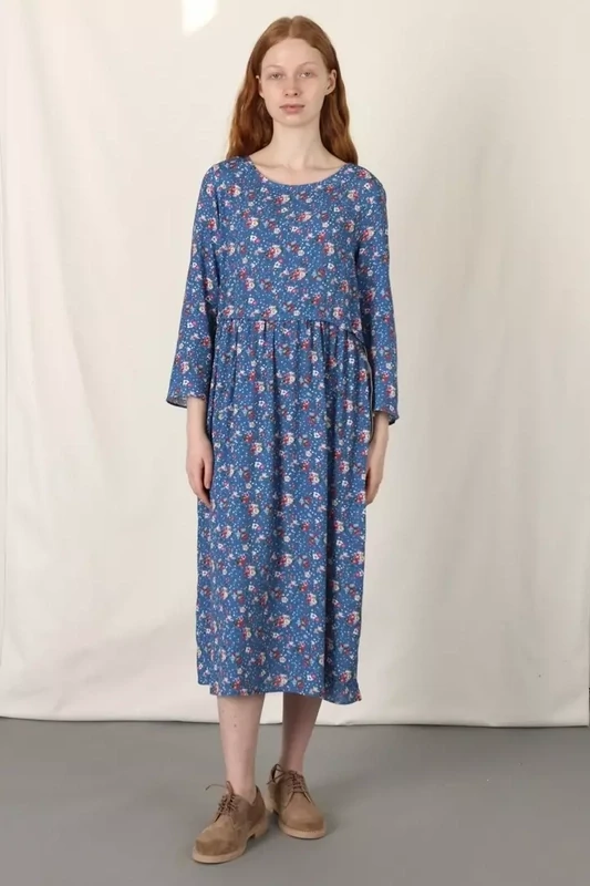 Платье с кулиской из синей вискозы в мелкий цветок