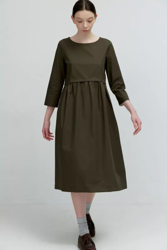 Платье с кулиской с длинным рукавом из хлопка цвета хаки
