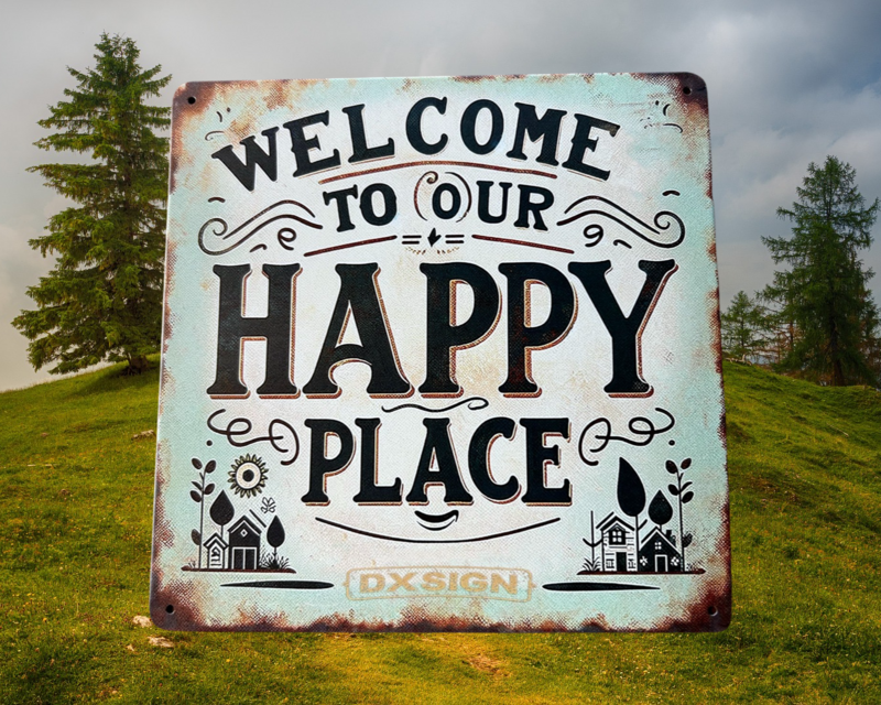 Blechschild „Welcome to our happy place.“ Blechschild „Welcome to our happy place.“