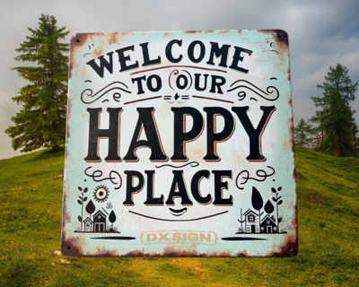 Blechschild „Welcome to our happy place.“ Blechschild „Welcome to our happy place.“