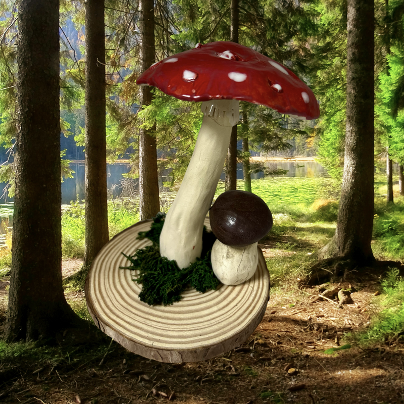Fliegenpilz / Glückspilze Keramik mit Moos auf Baumscheibe Fliegenpilz / Glückspilze Keramik mit Moos auf Baumscheibe