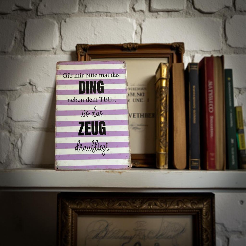 Blechschild „Gib mir mal das Ding, neben dem Teil, wo das Zeug drauf liegt. Blechschild „Gib mir mal das Ding, neben dem Teil, wo das Zeug drauf liegt."