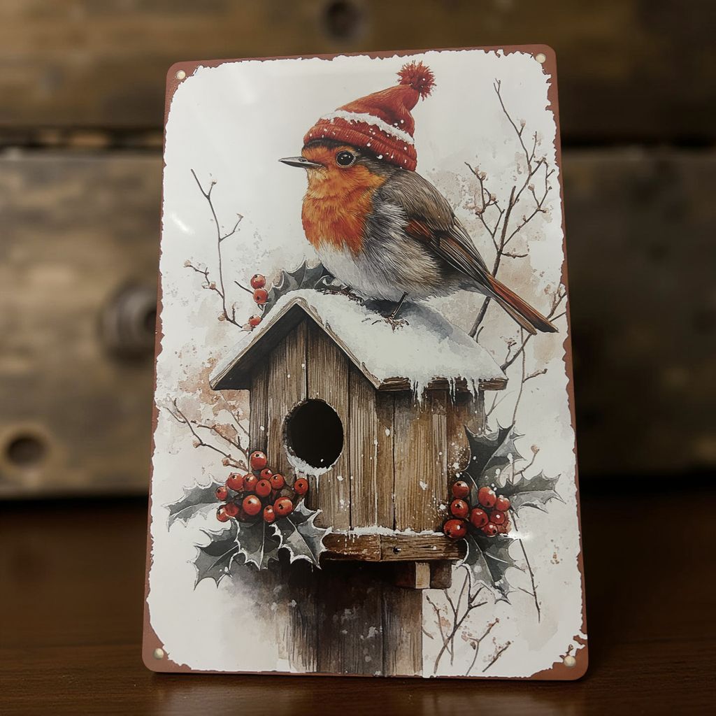 Blechschild Metallschild Rotkehlchen im Winter