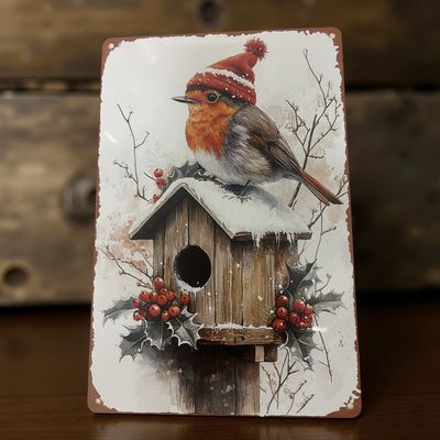 Blechschild Metallschild Rotkehlchen im Winter