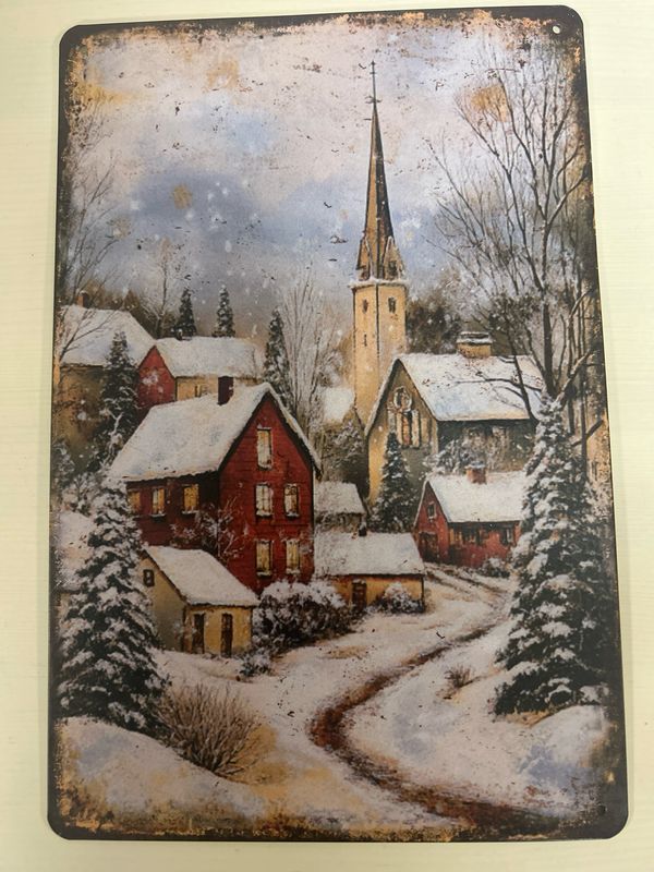 Blechschild Metallschild nostalgisches Winterdorf bunt Blechschild Metallschild nostalgisches Winterdorf bunt