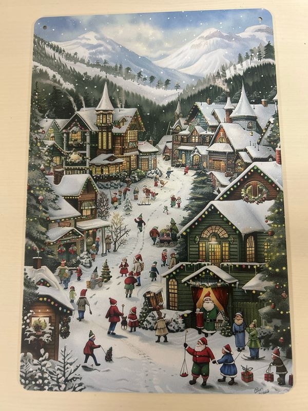 Blechschild Metallschild nostalgisches Winterdorf bunt Blechschild Metallschild nostalgisches Winterdorf bunt