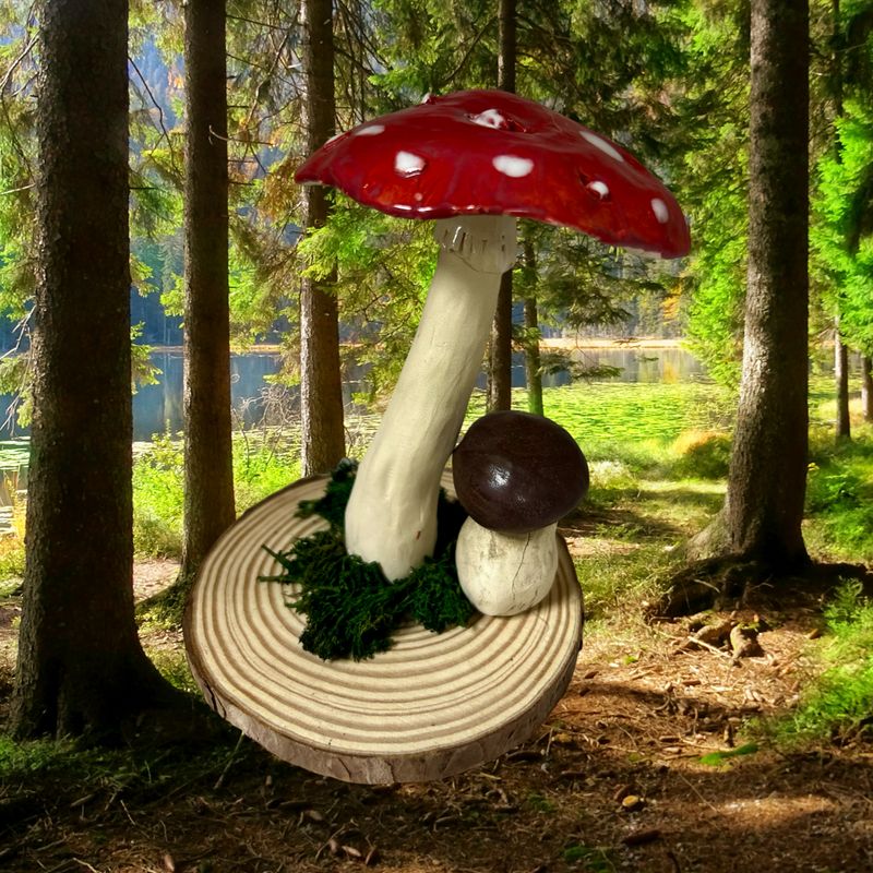 Fliegenpilz / Glückspilze Keramik mit Moos auf Baumscheibe