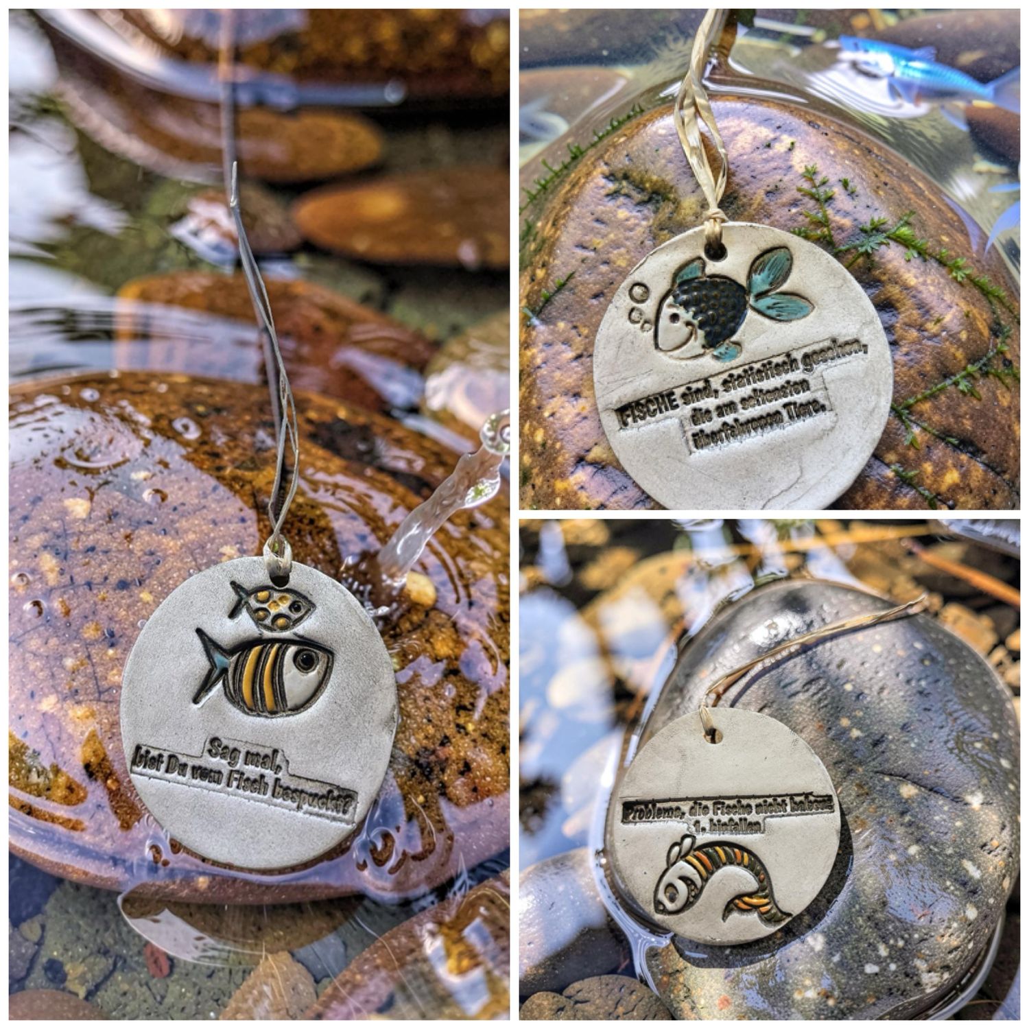 Dreierset „Fische mit Humor“ – Keramikanhänger mit Augenzwinkern